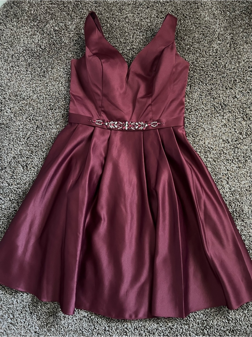 May Queen Burgundy Satin Prom Dress with Jeweled Waist